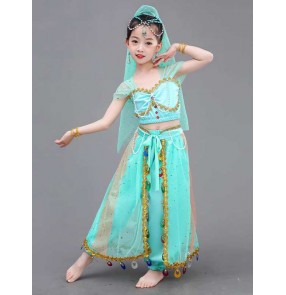 Children mint color Chinese folk Xinjiang dance dresses Indian queen cosplay costumes kids girls Jasmine Princess Skirt Western Regions Belly Dance Wear